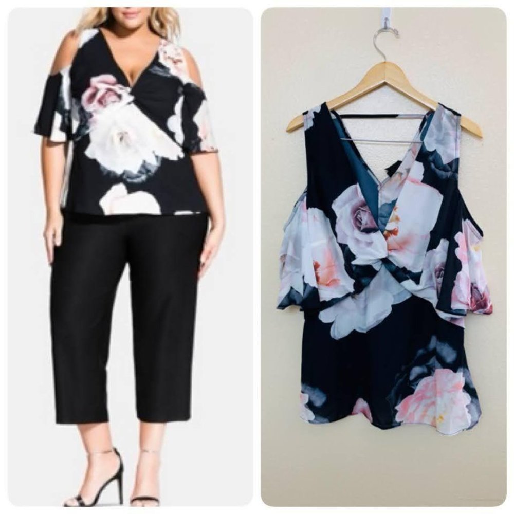 City Chic Plus Sz Austin Floral Cold Shoulder Top.